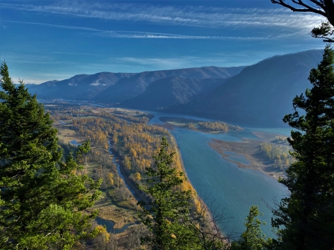 View from the top of Beacon Rock looking east over Pierce NWR and down the Columbia River