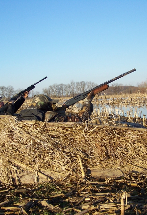 Two hunters in dirt camouflage bunker with shot guns raised to the sky. 