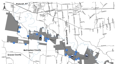 A map of Clarks River National Wildlife Refuge. For more information contact 270/527-5770.