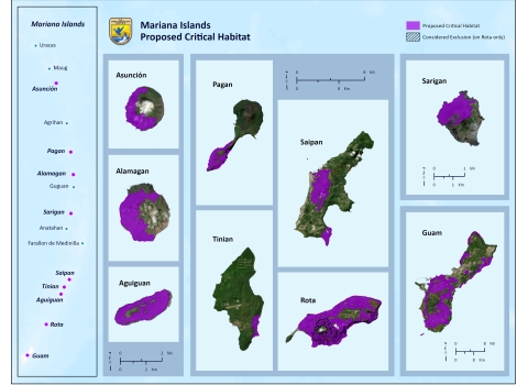 A map highlighting the proposed areas for critical habitat within the Mariana Islands