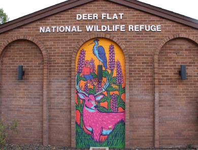 Colorful mural of a deer, boy and heron on a brick building that reads "Deer Flat National Wildlife Refuge"
