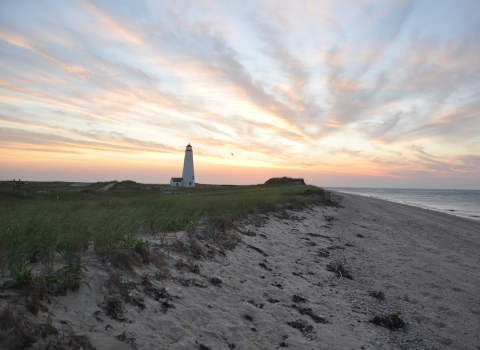 Sandy barrier island beach at sunset with lighthouse in the distance.