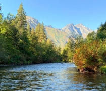 A calm river with trees on both sides and a mountain and blue skies in the distance.