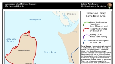 A map of areas visitors can ride horses on Chincoteague Refuge