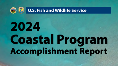 Front cover of 2024 Coastal Program Accomplishment Report with aerial photo of the Lake Michigan shoreline in Traverse City, Michigan.