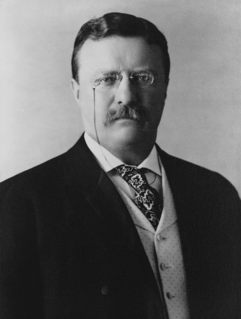 A black and white image of Theodore Roosevelt.