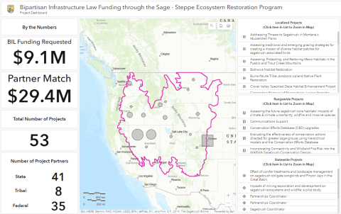 Screenshot of Sagebrush Dashboard landing page, with map outlining sagebrush biome