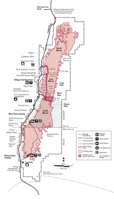 Map of Ruby Lake National Wildlife Refuge showing roads and important landmarks for hunting and fishing.