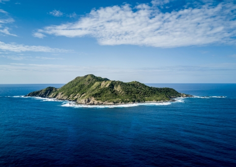 A mountainous island covered in green vegetation emerges from bright blue water