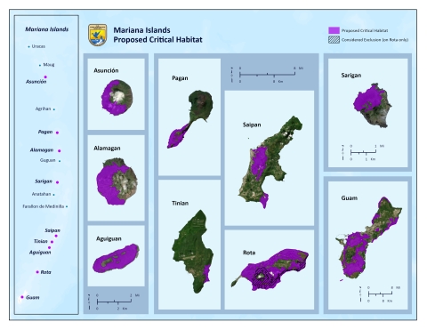 A map highlighting the proposed areas for critical habitat within the Mariana Islands