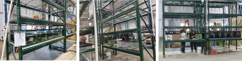 Three images show a series of large metal racks holding fish tanks.