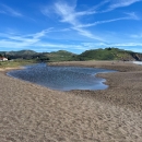 Rodeo Lagoon at flood tide and the tidal inlet to the Pacific Ocean at Golden Gate National Recreation Area in Marin County, California