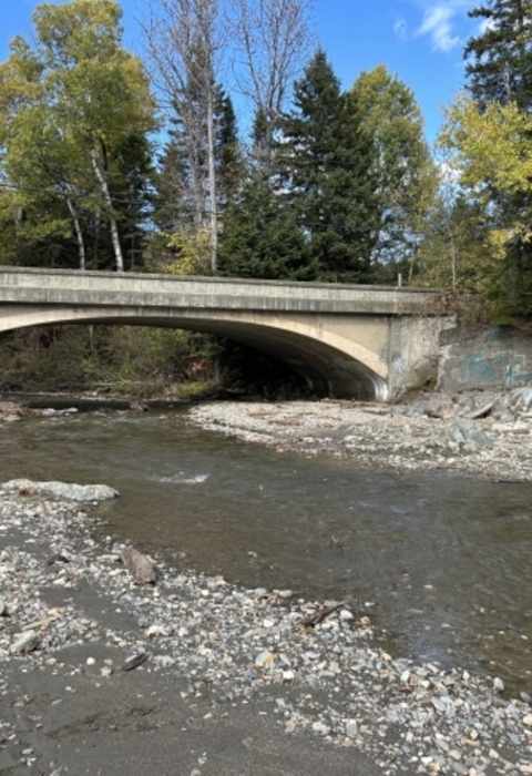 River in the foreground passing below a stone arched bridge in the background..