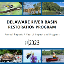 image of the front cover of a report, featuring various photos of people paddling and fishing on a river and of wildlife, including a turtle, bumblebee, and warbler