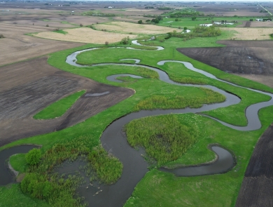 An aerial landscape image showing small, interconnected, crescent‑shaped wetlands surrounded by lush green vegetation.