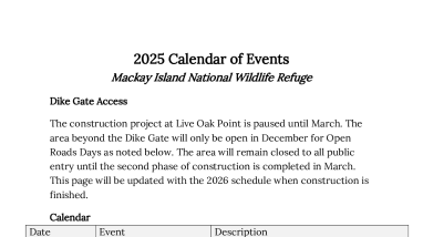 Calendar of Events at Mackay Island National Wildlife Refuge