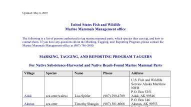 Marine Mammal Tagging Contact List for the Marking, Tagging, and Reporting Program