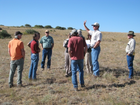 Approximately 10 people are standing in an open landscape have a discussion