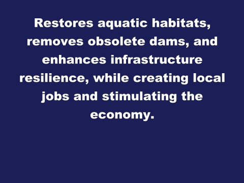 Image reads Restores aquatic habitats, removes obsolete dams, and enhances infrastructure resilience, while creating local jobs and stimulating the economy.
