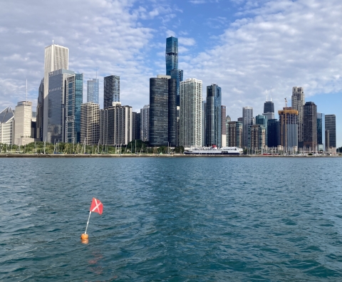 A flag on a buoy marks where a net is in Lake Michigan with sky scrapers in the background.