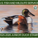 2025-2026 Junior Duck Stamp featuring a northern shoveler floating on water.