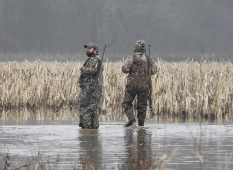 Two hunters in camo walking through ankle deep water. 