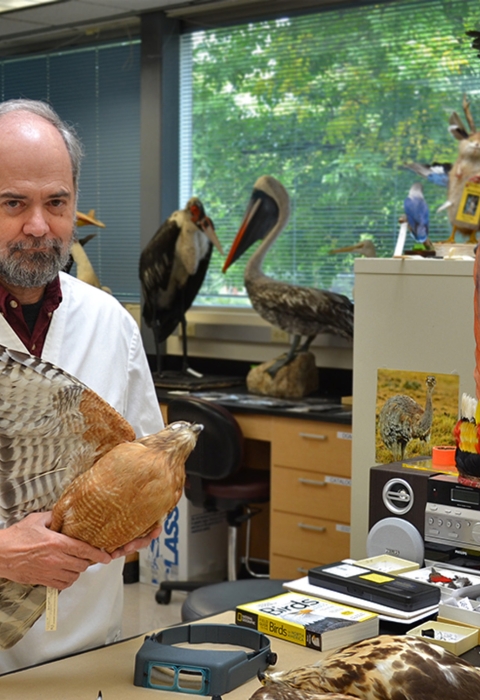 a man standing in a room holding a stuffed bird