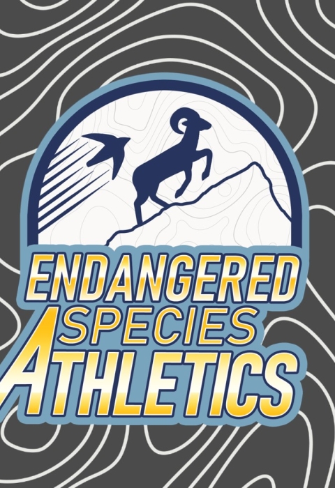 a logo featuring a bighorn sheep climbing a mountain and a bird flying in the air with the words "Endangered Species Athletics"
