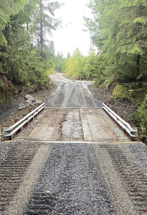 a gravel road meets a bridge