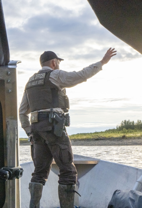 Senior Federal Wildlife Officer waves and stands at the bow of a boat while it nears the shoreline hunting camp on the Kuskokwim River, Alaska during a September moose season. 