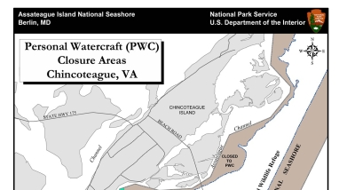 Map of areas where people can use personal watercrafts in waters around Chincoteague refuge