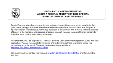 3-200-10f Frequently Asked Questions for Migratory Bird Special Purpose- Miscellaneous Permit