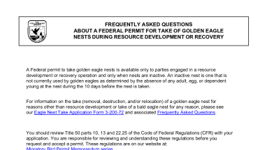 3-200-18 Frequently Asked Questions about a Federal Permit for Take of Golden Eagle Nests