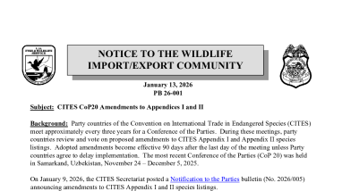 OLE Public Bulletin- CITES CoP20 Amendments to Appendices I and II PB 26-001 01/13/2026