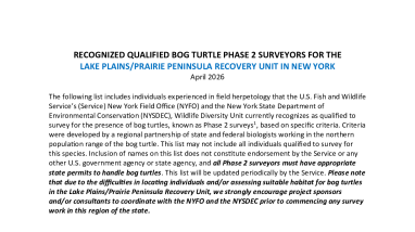 Bog Turtle Lake Plains-Prairie Peninsula Recovery Unit Recognized Surveyor List, USFWS 2026
