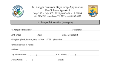 Junior Ranger Summer Day Camp Application 2026