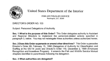 Director's Order No. 133: Personnel Delegations of Authority