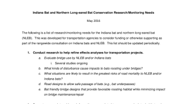 Indiana Bat and Northern Long-eared Bat Conservation Research/Monitoring Needs
