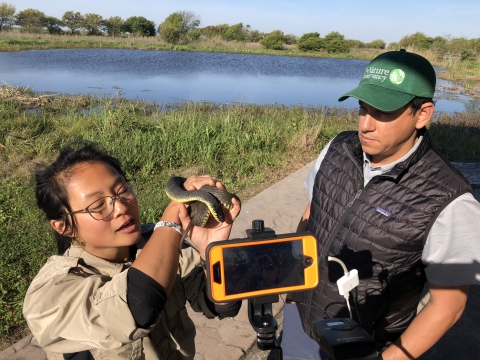 A uniformed woman in glasses holds a snake up to a digital camera while a man in a sun visor watches.