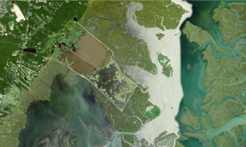 The Wildlife Drive Auto-Tour at Edwin B. Forsythe National Wildlife Refuge, as seen above from satellite imagery. 