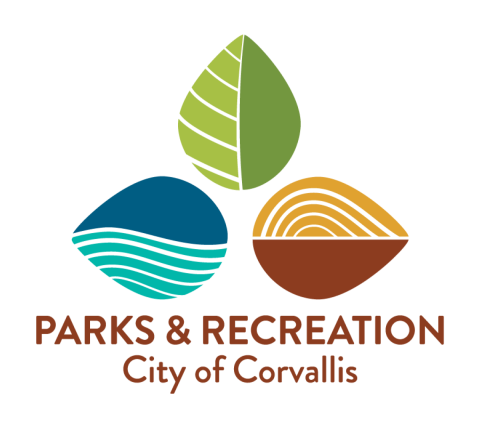 Logo with 3 different colored leaves representing water, plants, and lands. Leaves are paired with text "Parks & Recreation, City of Corvallis" 