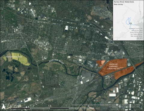 A map of the proposed restoration location, three miles upriver from the American Cyanamid Superfund Site.