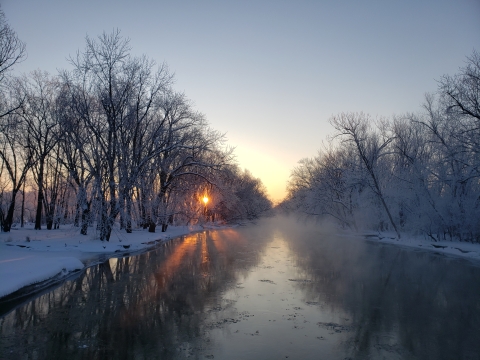 Sunrise at the Trempealeau River during a snow day