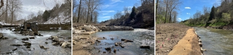 Three images of the dam. 1. Full dam on a rocky stream, 2. Partial dam, part of the structure is gone, 3. open river bed and earthen streambanks held in place with canvas and rock.