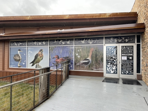 Photos and words decorate the large windows and doors going into the visitor center