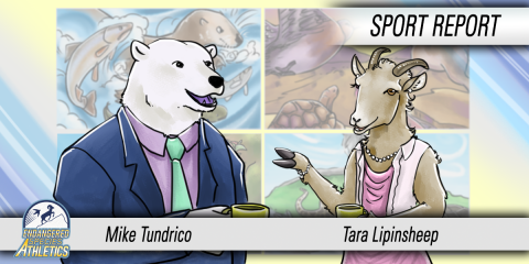 A drawing of a polar bear in a suit named "Mike Tundrico" stands next to a Sierra Nevada bighorn sheep in a dress named "Tara Lipinsheep"