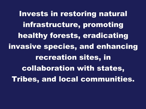 Image reads Invests in restoring natural infrastructure, promoting healthy forests, eradicating invasive species, and enhancing recreation sites, in collaboration with states, Tribes, and local communities.
