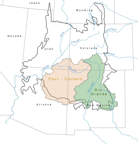 A US map of the states of Utah, Colorado, Arizona, and New Mexico