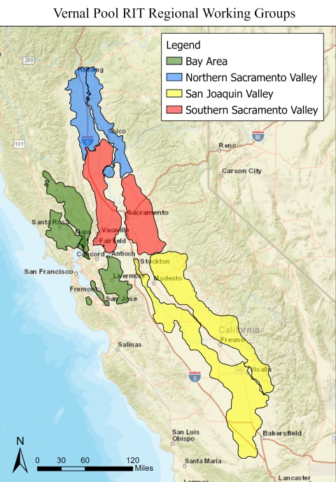 a map of the vernal pool recovery implementation team working group areas, including bay area, northern sacramento valley, southern sacramento valley, and san joaquin valley