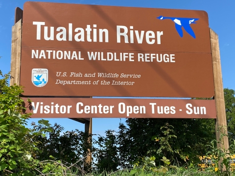 Image of a large brown sign with white lettering and a blue and white goose illustration in the upper left corner.